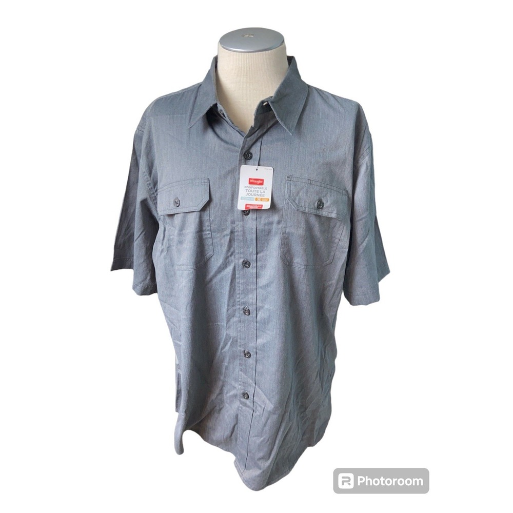 Wrangler Authentics Mens XL Short Sleeve Button Up Shirt Grey Dual Pockets NEW